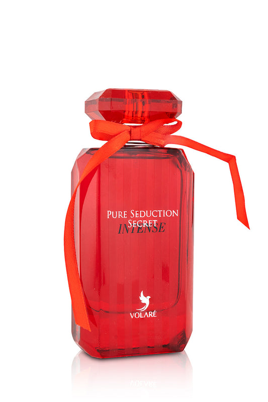 A red perfume bottle with a clear label and a red ribbon around the neck, displaying the fragrance name 'Pure Seduction Secret'.