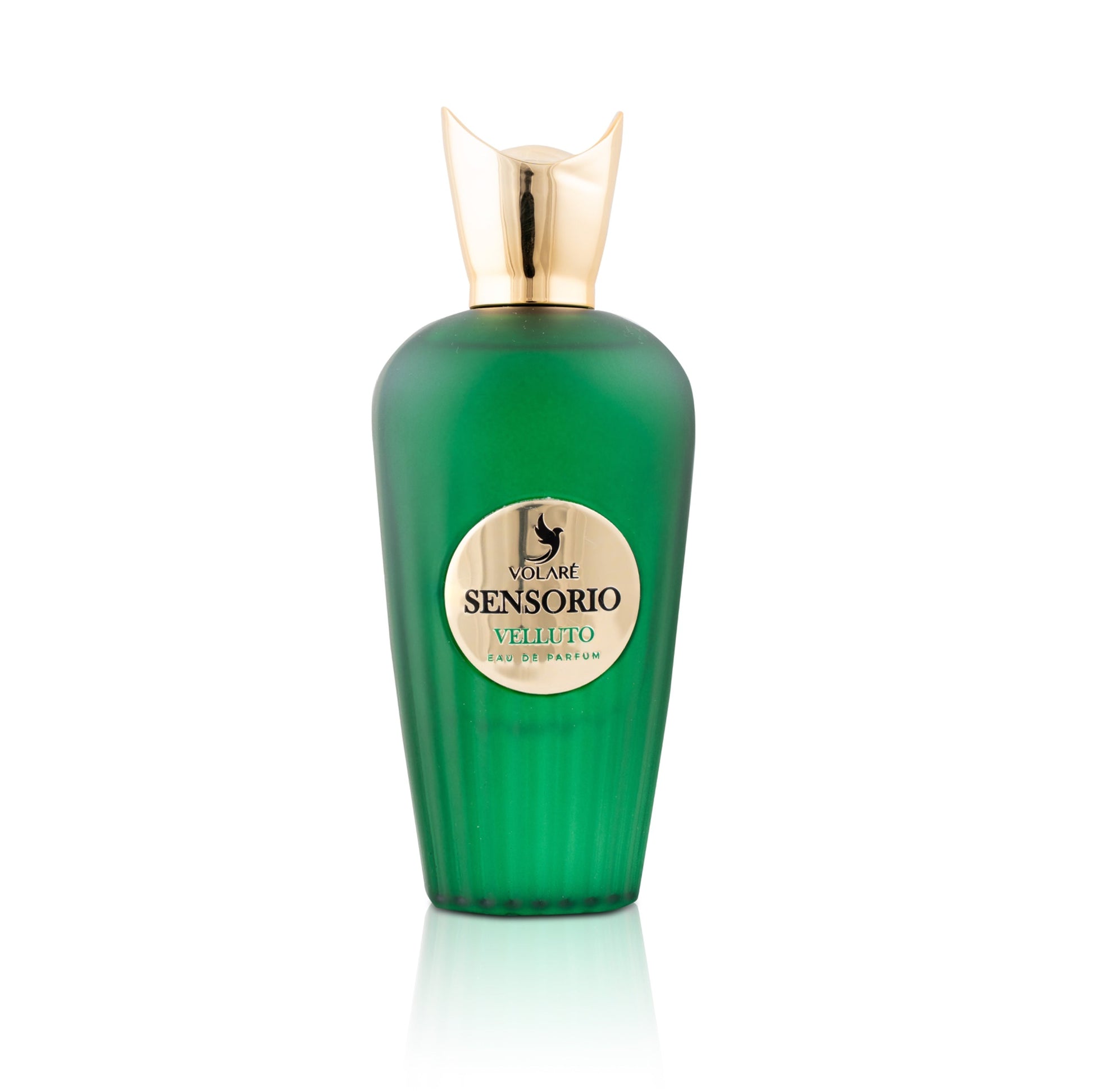 Green perfume bottle with gold cap on a white background