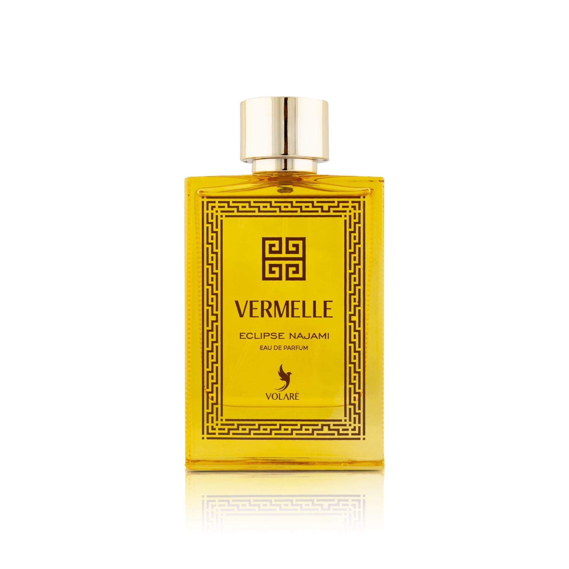 Perfume bottle with yellow label and gold cap on a white background
