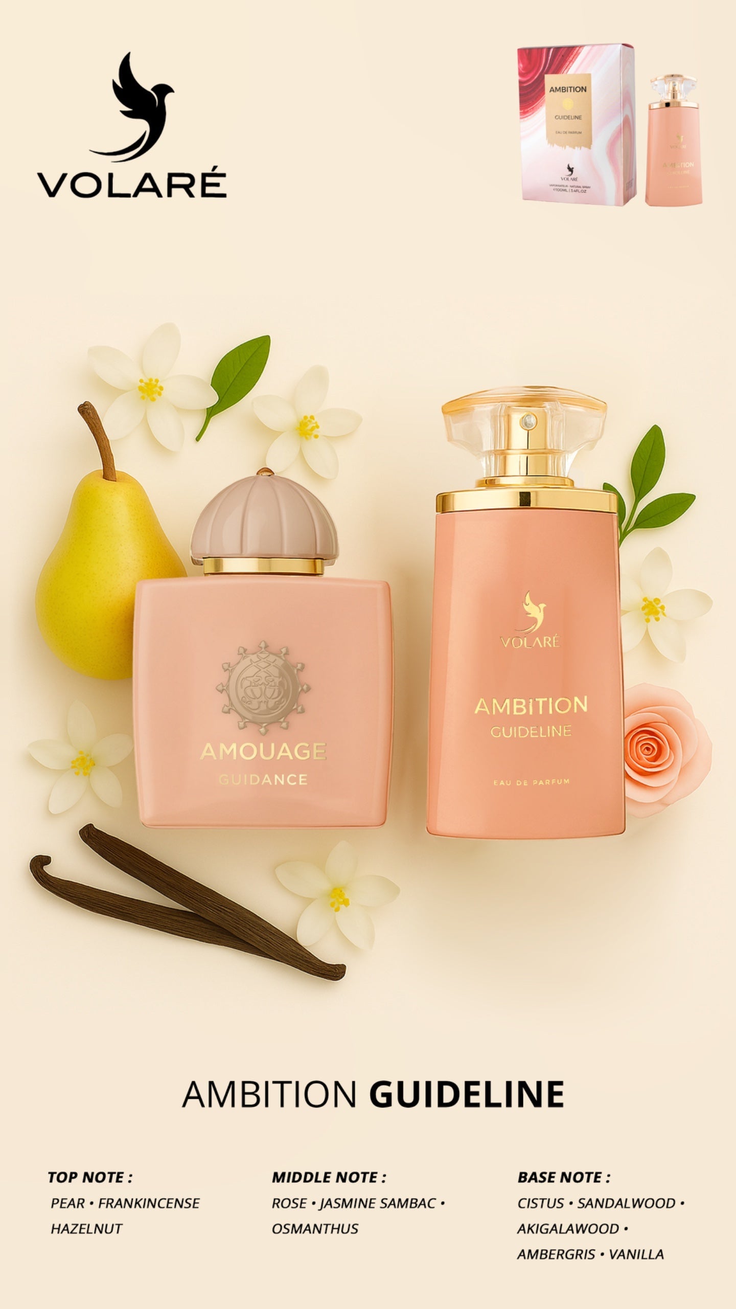 Two perfume bottles with flowers and vanilla beans on a light background, featuring the Volare brand.