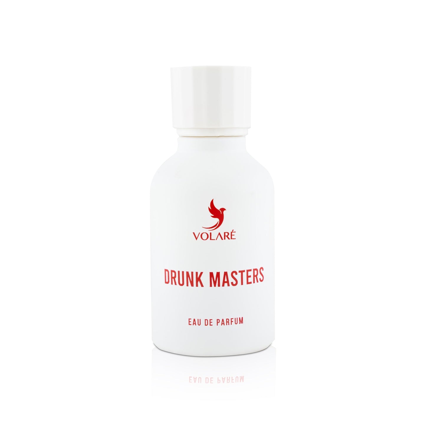 White perfume bottle with red text on a white background