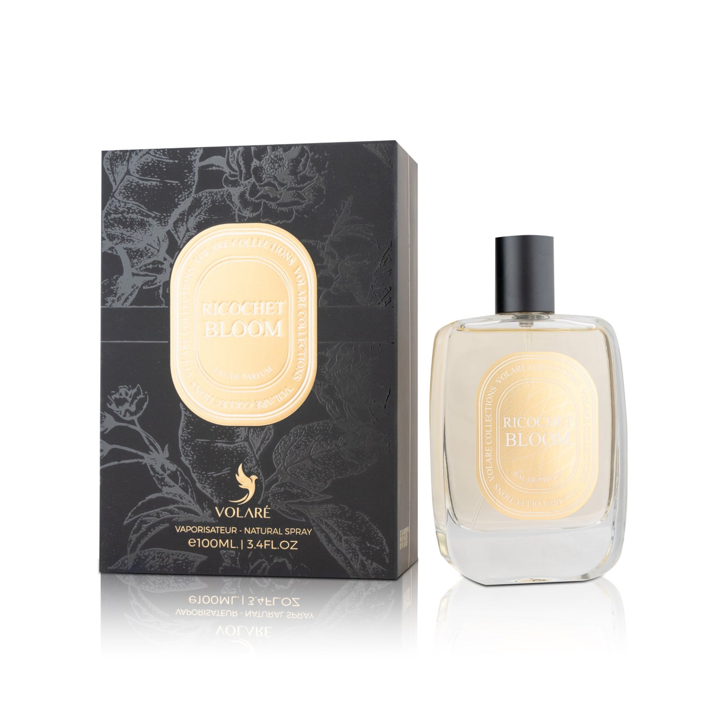 Perfume bottle and packaging with floral design on a white background